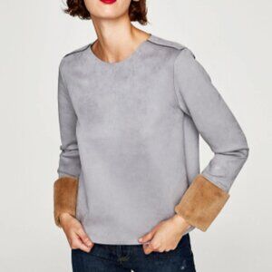 ZARA Gray Faux Suede Long Sleeve Beige Faux Fur Cuff Sleeves Trendy Top Sz S